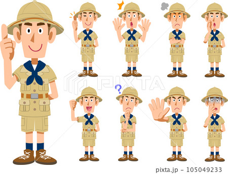 探検家の服を着た男性の9種類の仕草と表情 105049233