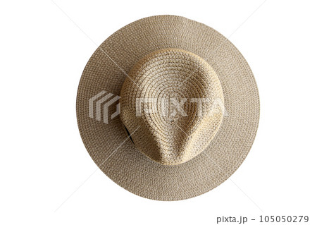 Top view vintage pretty straw hat isolated on white background Top view vintage pretty straw hat isolated on white background 105050279