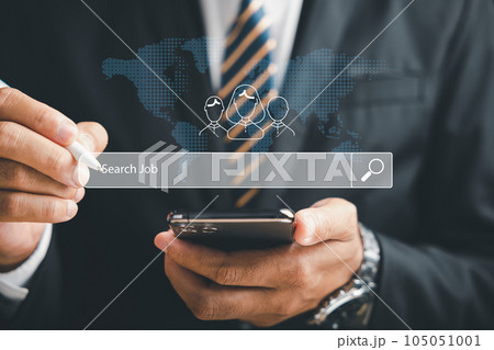 A man holding smart phone with find a job on screen, job search concept, man browsing work opportunities online using job search bar mobile app. find your career, man looking at online website 105051001