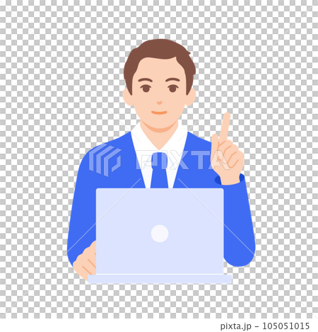 A businessman pointing a finger in front of a personal computer. Vector illustration material of a man in a suit. 105051015