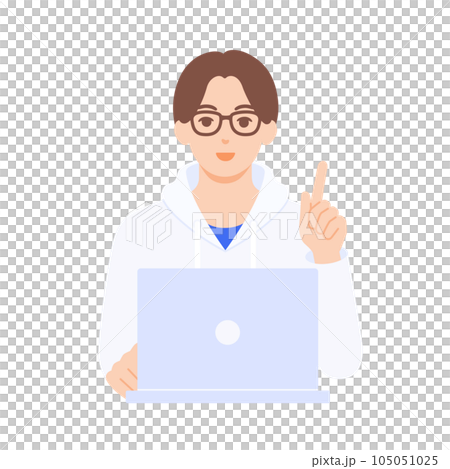 パソコンを前に指差しするエンジニア。眼鏡をかけたカジュアルな装いの男性。ベクターイラスト素材。 パソコンを前に指差しするエンジニア。眼鏡をかけたカジュアルな装いの男性。ベクターイラスト素材。 105051025