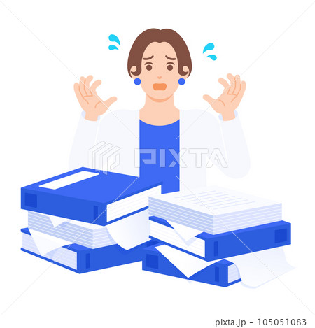 大量の手書き書類やファイルを前にして困惑する女性のイラスト素材。 大量の手書き書類やファイルを前にして困惑する女性のイラスト素材。 105051083