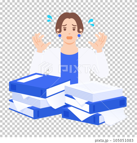 大量の手書き書類やファイルを前にして困惑する女性のイラスト素材。 大量の手書き書類やファイルを前にして困惑する女性のイラスト素材。 105051083