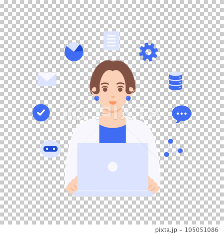 An illustration material of a woman who has improved her productivity thanks to the automation and streamlining of her work. An illustration material of a woman who has improved her productivity thanks to the automation and streamlining of her work. 105051086