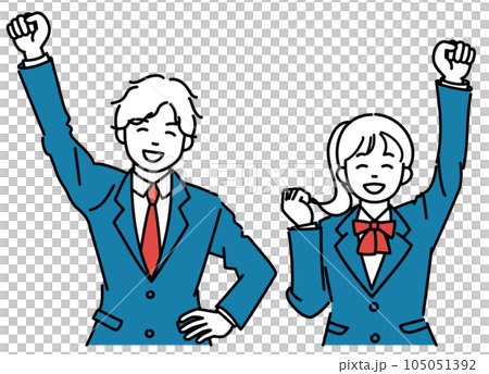 笑顔で高く拳を挙げる男女の学生のシンプルイラスト 105051392