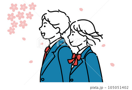 男女の学生の横顔シンプルイラスト　桜の季節 105051402