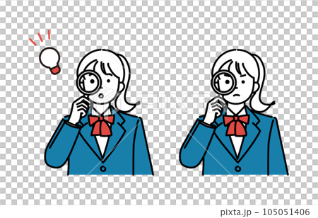 A simple illustration of a female student looking through a magnifying glass 2 pose set 105051406