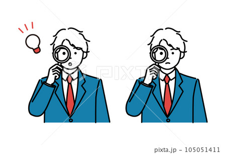 虫メガネを覗く男子学生のシンプルイラスト　2ポーズセット 105051411