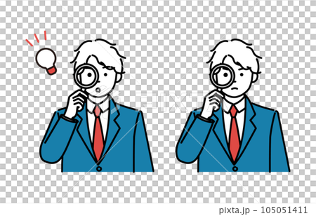 虫メガネを覗く男子学生のシンプルイラスト　2ポーズセット 105051411