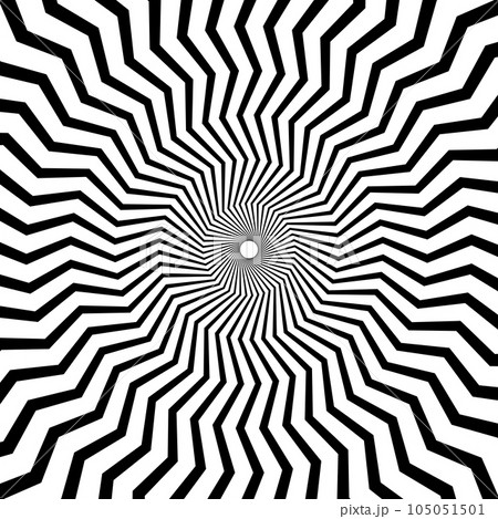 Optical illusion background. Black and white abstract distorted zigzag lines surface. Radial wave poster design. Hypnotic spiral illusion wallpaper. Vector illustration Optical illusion background. Black and white abstract distorted zigzag lines surface. Radial wave poster design. Hypnotic spiral illusion wallpaper. Vector illustration 105051501