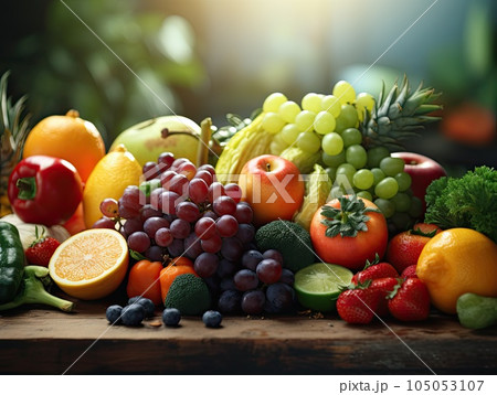 Flat lay of fresh juicy organic mixed fruits and vegetables. Still life colorful assorted fruits and vegetables. Generative AI. 105053107
