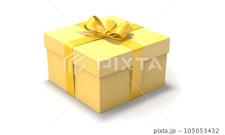 One yellow gift box in craft wrapping paper and yellow satin ribbon with bow on white clean flat surface background, neural network generated image 105053432