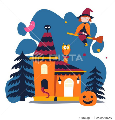 Witch on broomstick and pumpkin, house in forest, Halloween night Witch on broomstick and pumpkin, house in forest, Halloween night 105054025