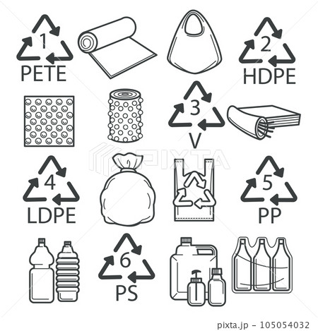 Recycling symbols, plastic packaging or wrapping isolated icons 105054032