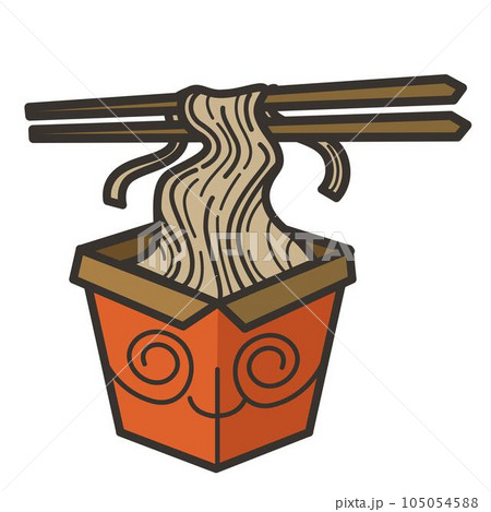 Noodles in box with chopsticks, Chinese fast food isolated object Noodles in box with chopsticks, Chinese fast food isolated object 105054588