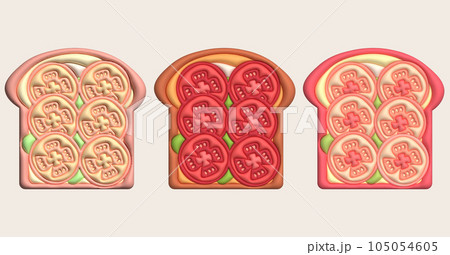 Morning sandwich 3D illustration Healthy food with toast, fresh vegetables and sauces, tomatoes 105054605