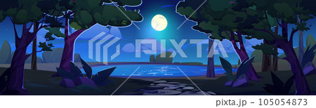 Lake in forest and night sky cartoon background 105054873
