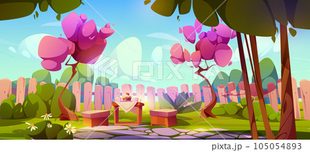 House backyard garden with fence in summer cartoon House backyard garden with fence in summer cartoon 105054893