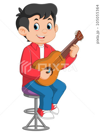 Cartoon happy boy playing guitar of illustration 105055364