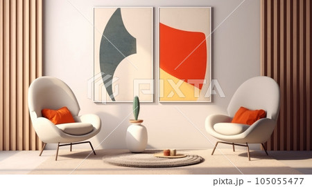 Stylish living room interior design with mock up poster frame, creative home accessories. Home staging. Copy space, Generative AI illustration 105055477