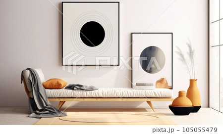 Stylish living room interior design with mock up poster frame, creative home accessories. Home staging. Copy space, Generative AI illustration 105055479