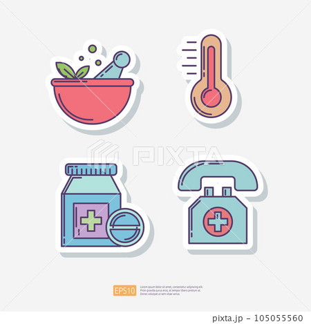 Naturopathic medicine, heat thermometer, medical pill bottle, emergency medical call support. Medical and health sticker set icon. Vector Illustration 105055560