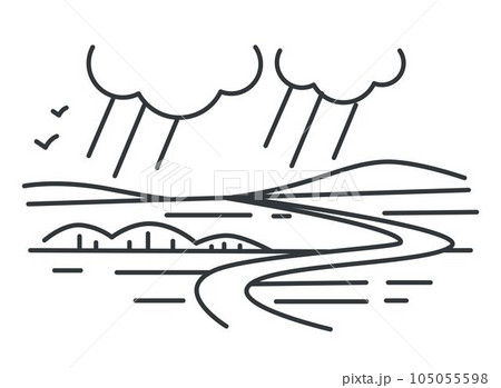Rain and landscape, mountains and hills, valley outline sketch 105055598