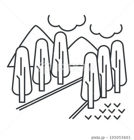 Countryside landscape, road and trees, mountains or hills outline sketch 105055601