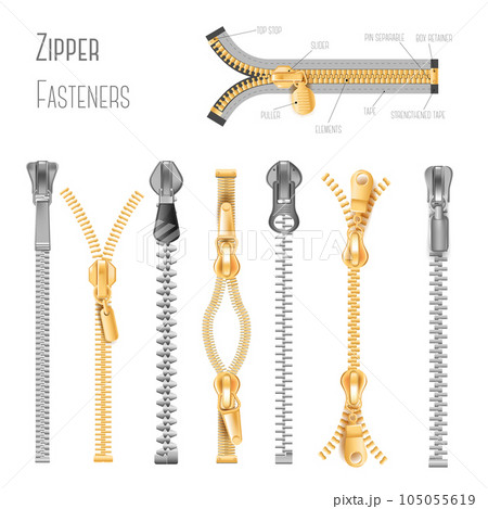 Zippers and metal or plastic fasteners, clothes components isolated objects Zippers and metal or plastic fasteners, clothes components isolated objects 105055619