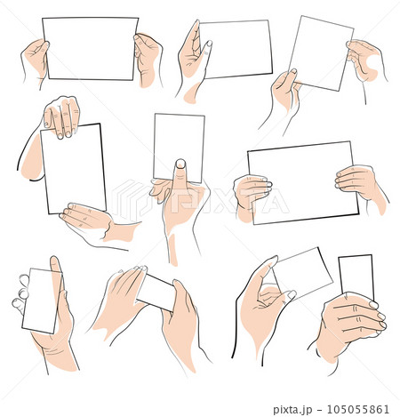 Hands holding objects or paper by edges isolated icons Hands holding objects or paper by edges isolated icons 105055861