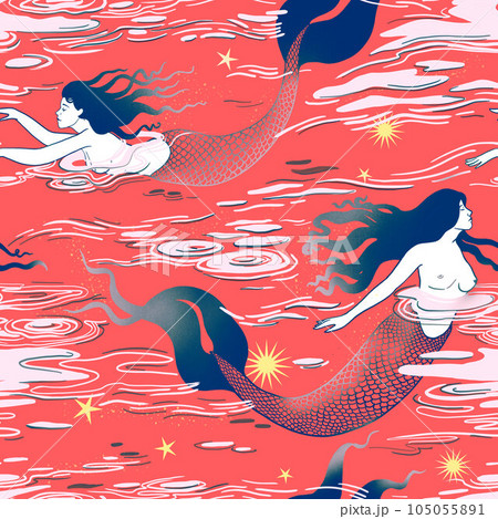 Beautiful seamless pattern with gentle mermaids in the sea. Stock illustration. Fantasy creature. 105055891
