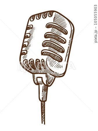 Music record studio equipment, retro microphone isolated sketch 105055903