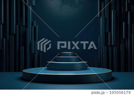 Dark blue pedestal in black room with geometric shapes. Podium for product showcase. Generated AI. 105056179