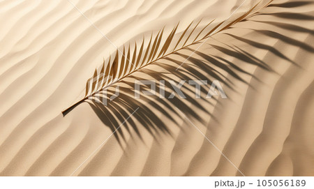 Plam leaf on the tropical beach sand. Vacation and relaxation concept with dry palm leaf on the hot summer beach. Generated AI. 105056189