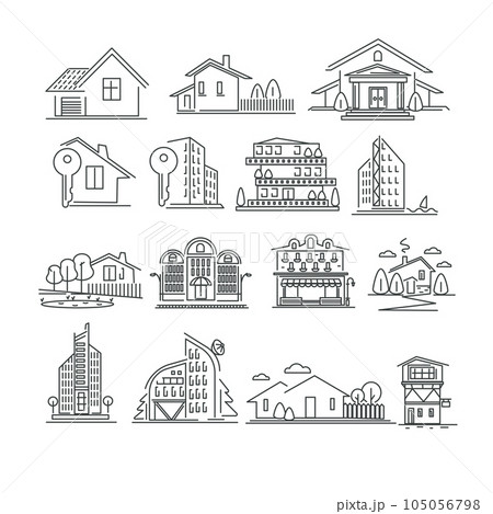 Buildings or real estate isolated outline icons, houses and apartments 105056798