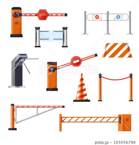 Barriers and stop cranes, entrance or turnstile, road cone isolated objects Barriers and stop cranes, entrance or turnstile, road cone isolated objects 105056799