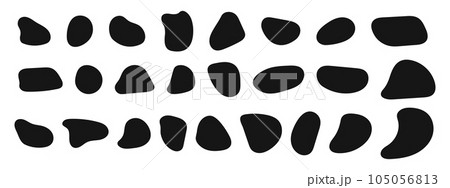 Set of irregular shapes, organic blobs, liquid stains, ink splodges, distorted bubbles textures isolated on white background. Trendy uneven asymmetric figures 105056813
