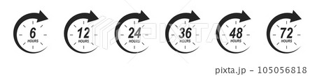 6, 12, 24, 36, 48, 72 hours icons with circle arrows. Set of shipping delivery symbols. Special offer signs. Discount pictograms. Customer service labels 6, 12, 24, 36, 48, 72 hours icons with circle arrows. Set of shipping delivery symbols. Special offer signs. Discount pictograms. Customer service labels 105056818