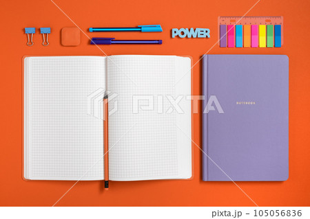 Empty notebook page for text in frame of bright school and office stationery 105056836