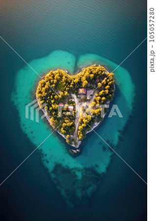 heart-shaped island aerial view surrounded by turquoise sea, created with generative ai 105057280