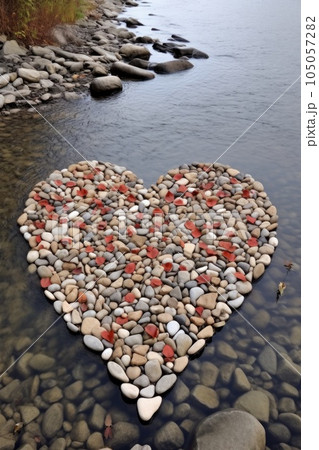 heart-shaped pebbles arranged on a riverbed, created with generative ai 105057282