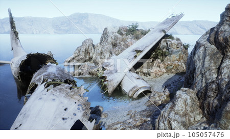 Rusty plane on craggy island beachfront 105057476