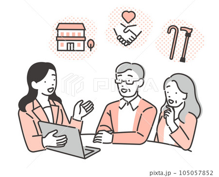 老人ホームを選ぶシニアと紹介するビジネスウーマンの介護士のベクターイラスト素材 105057852