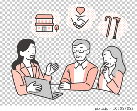 老人ホームを選ぶシニアと紹介するビジネスウーマンの介護士のベクターイラスト素材 105057852