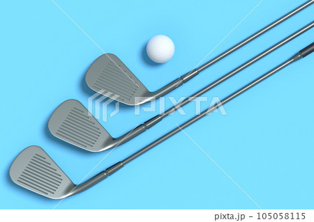 Sport equipment golf club and ball isolated on blue background. Sport equipment golf club and ball isolated on blue background. 105058115
