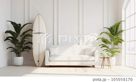 サーフボードのあるオーシャンビューの白い部屋 AI生成画像Ocean view white room サーフボードのあるオーシャンビューの白い部屋 AI生成画像Ocean view white room 105058170