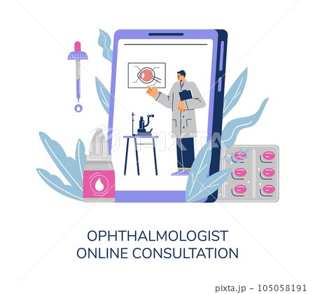 Ophthalmologist or optometrist online consultation banner vector illustration. Ophthalmologist or optometrist online consultation banner vector illustration. 105058191
