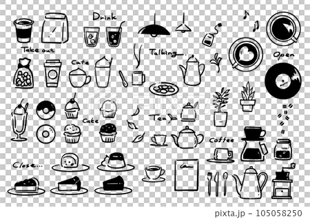 Simple retro cafe set monochrome line drawing 105058250