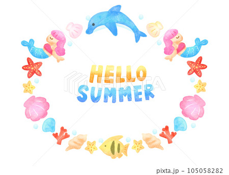 かわいい　水彩手書き風　夏の海のイラストフレーム 105058282