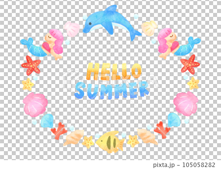 かわいい　水彩手書き風　夏の海のイラストフレーム 105058282
